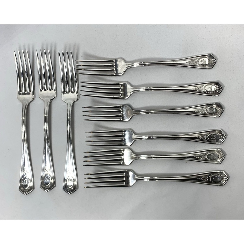 Louis XVI Antique Oneida Community Silverplate Dinner Forks (9) Monogrammed "D"